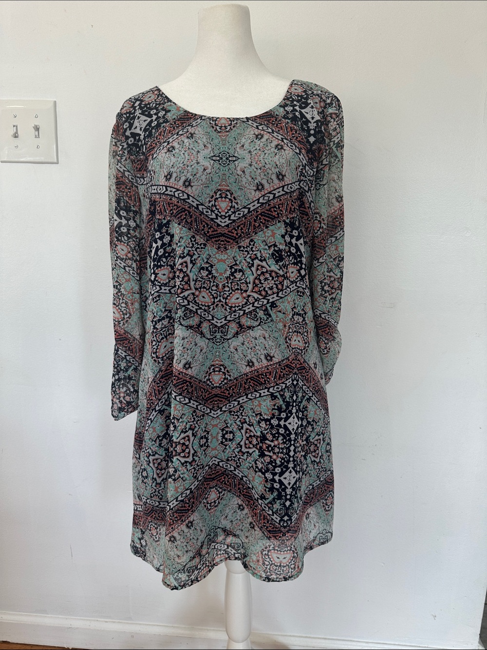 Speechless Mint and Black Printed Long Sleeve Tunic Dress